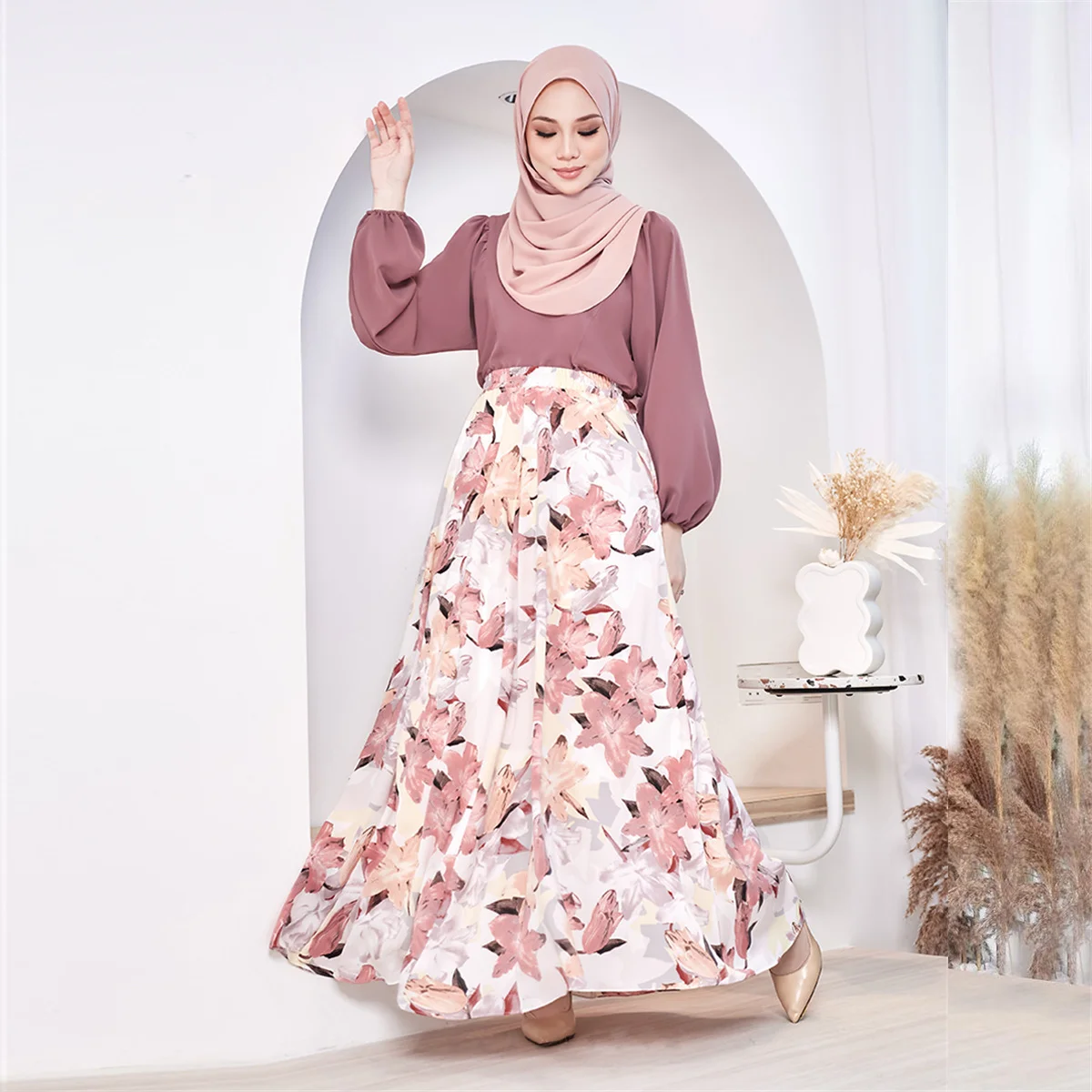 Robe trapèze pour femme d'inspiration musulmane en polyester avec taille élastique, lavable en machine et imprimé floral